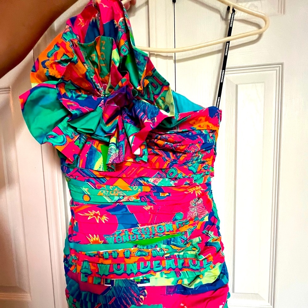 New Brazilian designer Chaouiche pink multi color fashion dress. M lined new!